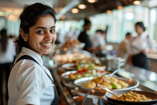 An enthusiastic Indian waitress takes care of guests during buffet breakfast in the hotel restaurant, showcasing hospitality