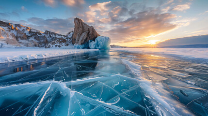 Blue ice on Baikal lake at sunrise