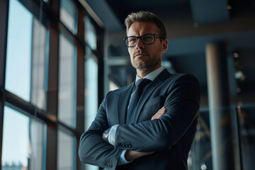 Fototapeta premium Standing in the boardroom with his arms crossed, a successful business professional radiates confidence and competence, ready to tackle any challenge.