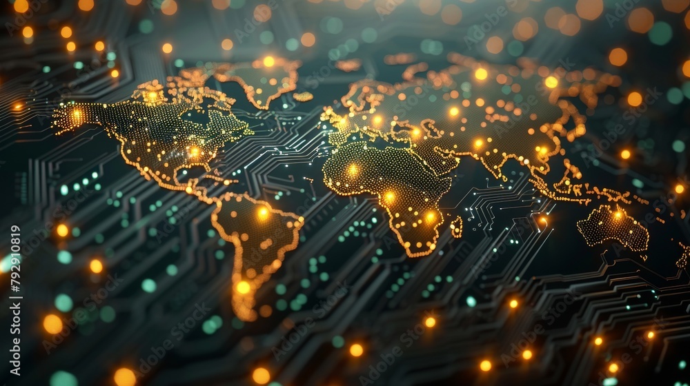 Poster Digital transformation concept, circuit board pattern combined with world map globe