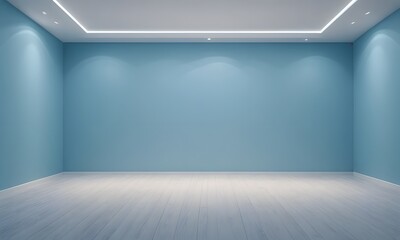 Fototapeta premium A light blue wall in the interior with beautiful built-in lighting and a smooth floor.