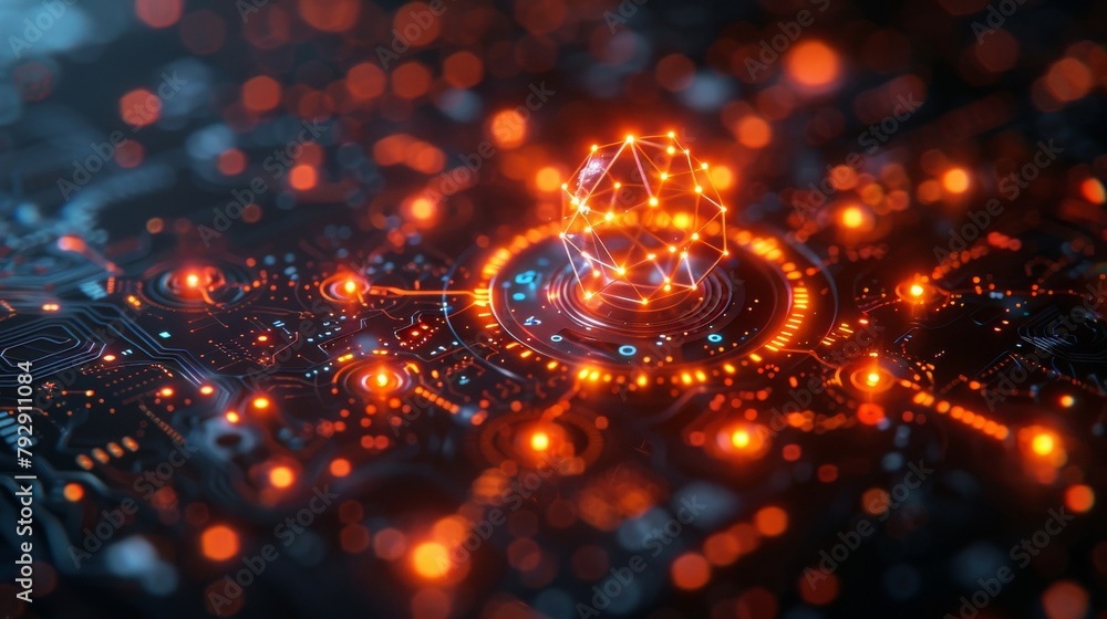 Poster Graphic depicting atom structure and electronic patterns of the future