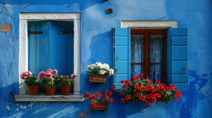 Blue painted facade of the house and window 