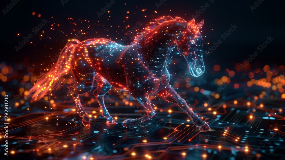 Poster An illustration of a wireframe trojan horse with programming elements shows the concept of cyber attack or cyber war.