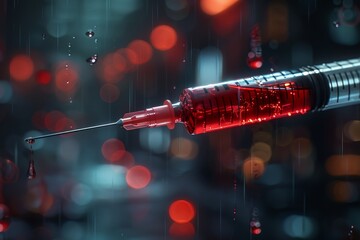 A microscopic shot of a syringe with amber red liquid injects a fluid into a cell which is surrounded by other cells. - obrazy, fototapety, plakaty