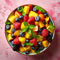 Bowl of healthy fresh fruit salad on pink background, top view. Made with generative ai

