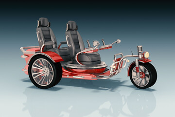 Illustration, Elektro Chopper, E-Bike, E-Trike mit Lastenkorb auf farbigen Hintergrund - 792911633