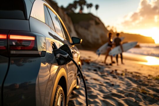 A powerful, reliable portable EV charger next to electric SUV, ready for any adventure in any condition.