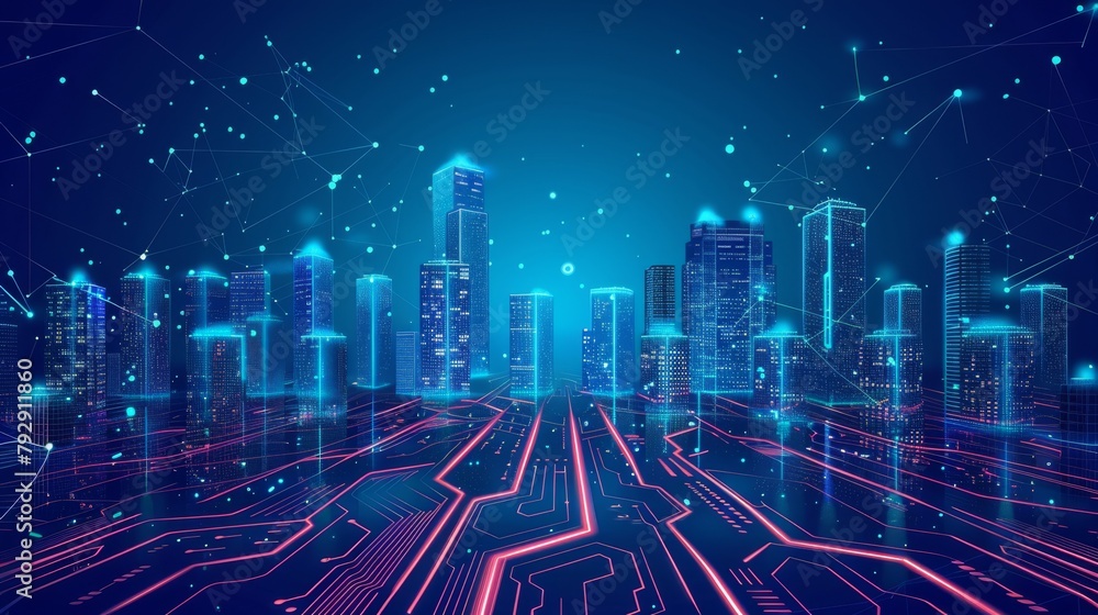 Fototapete The use of technology as a background; the use of digital buildings in a matrix style; the use of technological cities combined with electronic displays