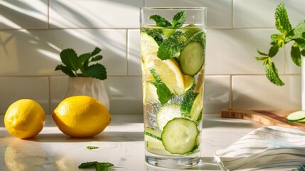 Refreshing Cucumber Lemon Mint Infused Water in Sunlit Kitchen