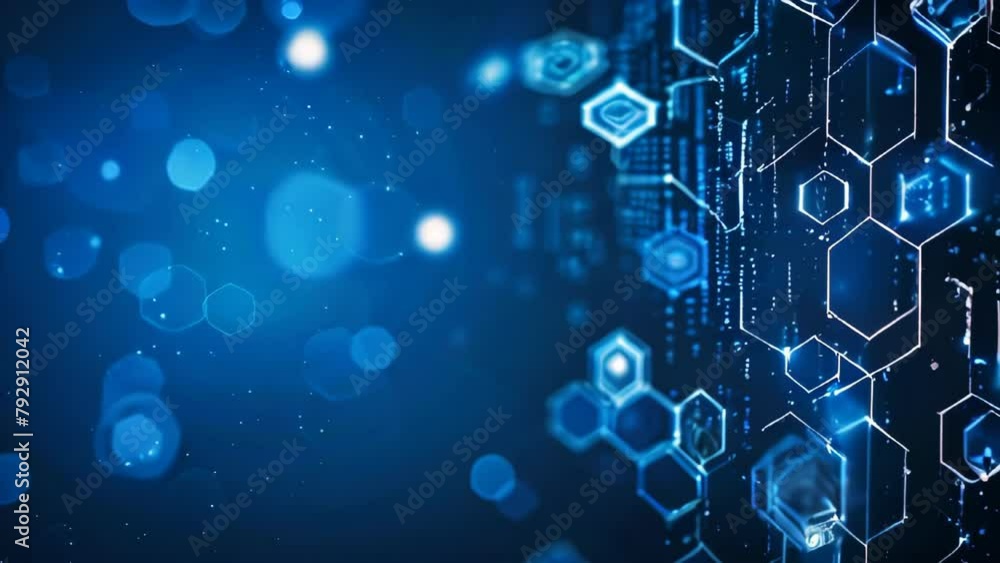 Poster a blue abstract technology animated background with white hexagon and circuit lines