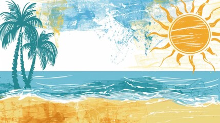 Fototapeta na wymiar Vibrant Tropical Beach Illustration with Sun and Palm Trees