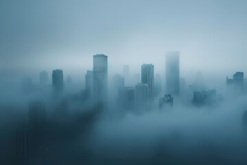 Early morning fog engulfs a city skyline - obscuring buildings and complicating navigation for residents in the streets - obrazy, fototapety, plakaty