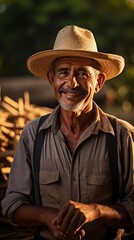 Fototapeta premium A farmer stands smiling at the camera, half of their body in view, the farm behind them a testament to their hard work and dedication