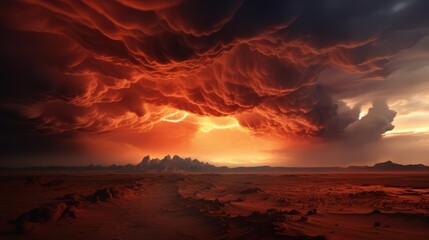 a fierce desert storm raging under a foreboding red sky, capturing the intense moment before its sent into the abyss - obrazy, fototapety, plakaty