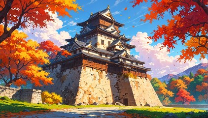 Naklejka premium japanese castle at autumn in landscape anime cartoon illustration from Generative AI