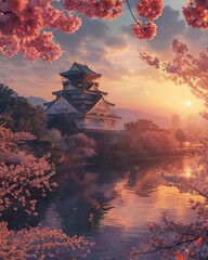 A gentle sunrise casting golden hues over Osaka Castle, cherry blossoms in the foreground whispering the new day