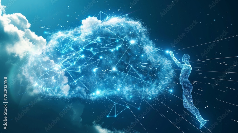 Aufkleber using cloud technology, digital man reaches futuristic connected lines.