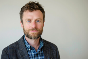 Fototapeta premium A man with a beard and a blue shirt is smiling for the camera