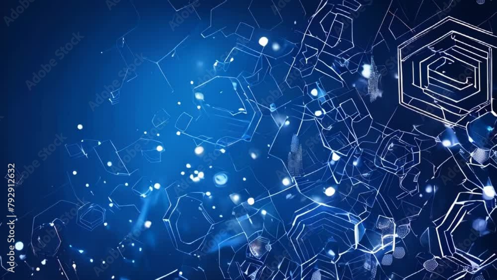 Poster a blue abstract technology animation with white hexagon and circuit lines