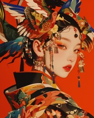 Fototapeta premium conceptual woman stylish portrait asian style dress and composition makeup cosmetic magazine style vertical proportion