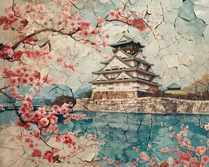 A collage of textured paper, creating an abstract form of Osaka Castle amidst cherry blossoms, modern meets traditional