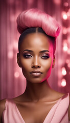 Luxurious model with pink hair and expressive makeup against pink lights.