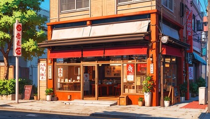 japanese restaurant facade in landscape anime cartoon illustration from Generative AI