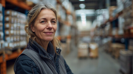 Woman in Warehouse Next to Shelves