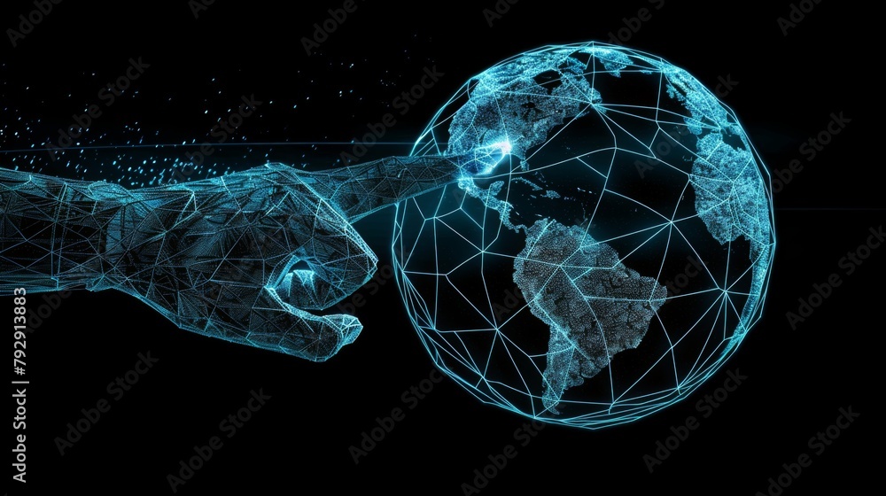 Poster An abstract concept of global networks or communication technology, shown in the form of a futuristic hand pointing at a wireframe globe