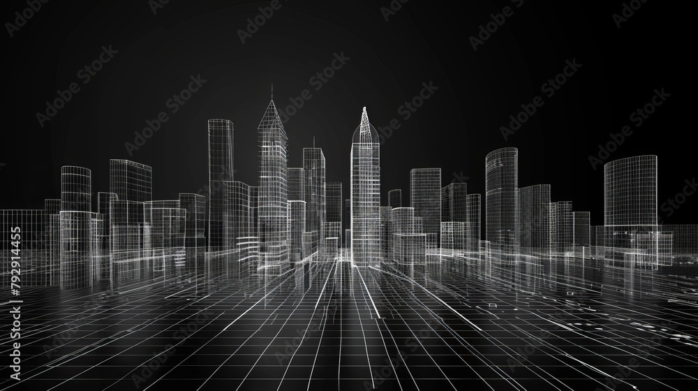 Poster wireframe cityscape showing the concept of a smart city.