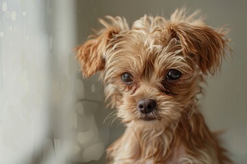 A contemplative brown puppy gazes outside