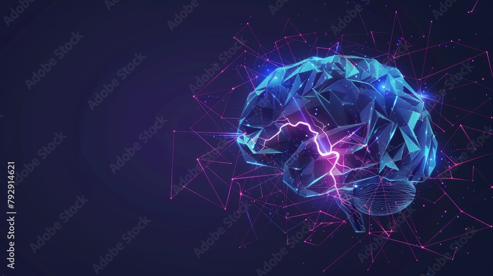 Fototapete the concept of brain power, with a graphic of a brain with lightning and a broken polygon element