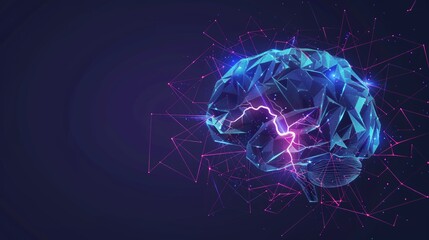 The concept of brain power, with a graphic of a brain with lightning and a broken polygon element