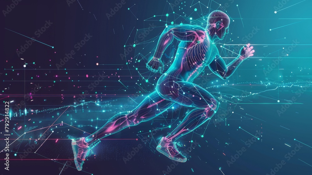 Aufkleber an interface for medical analysis and sport science technology is shown on a running man