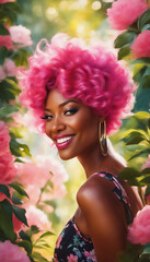 Woman with pink hair in bright outfit smiling against pink flowers.