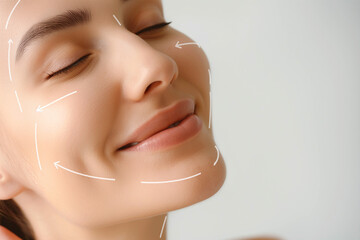 A woman's face with lifting lines drawn, demonstrating the process of contouring and tightening the skin. Cosmetology, procedures from cosmetologists.
