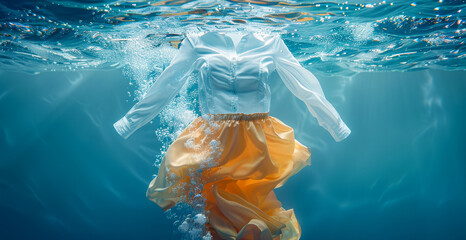 Clean Laundry Oasis: Vibrant Underwater World with Floating Garments, Bubbles, and Splashes - Detergent Commercial Style for Laundry Products