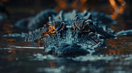 Experience the intensity of the wild with an extreme close-up shot capturing a crocodile lurking in the murky waters. This dramatic image zeroes in on the crocodile's menacing eyes and powerful jaws