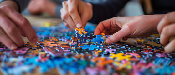employees playing game and joining pieces of jigsaw puzzle during team building activity
