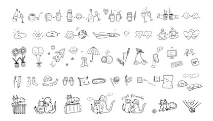Large set of friendship clipart in doodle style. Collection with quotes, hearts, sweet, drinks, cats, dogs, sun, space, cups, party decoration. Hand drawn icons