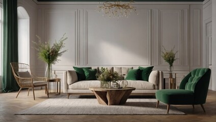 Elegant living room mockup with trendy furniture and a green arch highlighted by dried flowers. Presented in a high-resolution render, including a white sofa and armchair.
