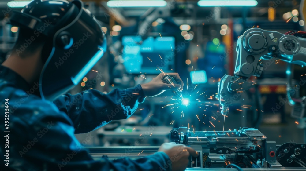 Poster Icon of an engineer hand checking and controlling welding robotics automatic arms in an intelligent factory automotive industrial with the software to monitor it......