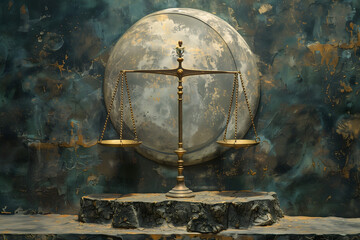 Illustration of a scale symbolizing the law. The scale stands on top of a stone podium - obrazy, fototapety, plakaty