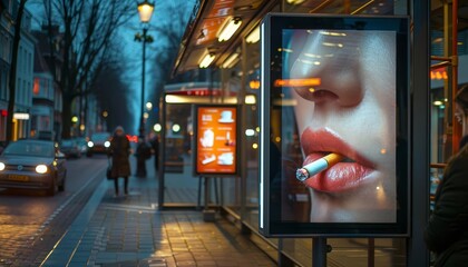 A public health advertisement on a bus stop featuring anti smoking messaging
