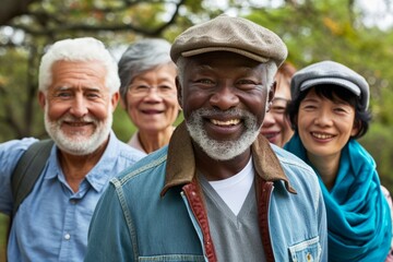 Group of senior friends having fun in the park. They are smiling and looking at camera.