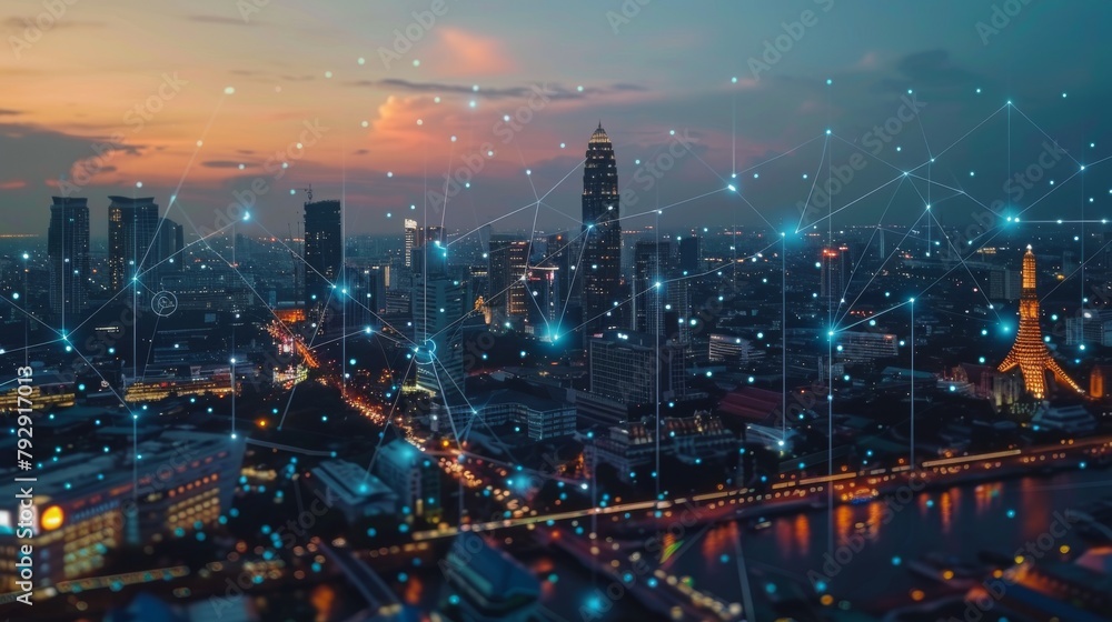 Aufkleber a wireless network and connection technology concept with an abstract bangkok city background