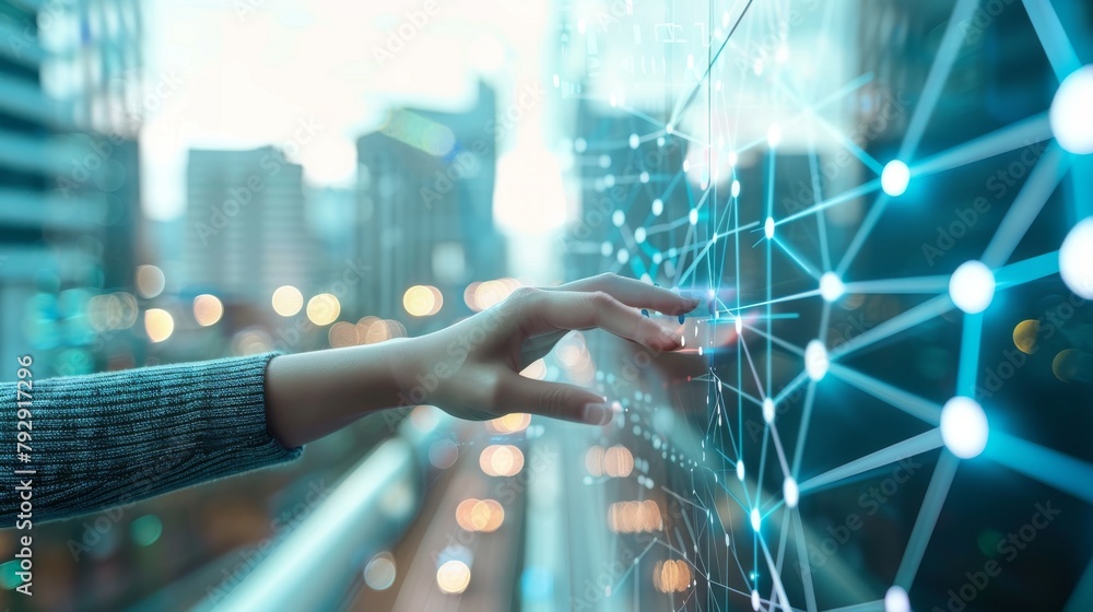 Poster A woman is touching a wireless network element on an abstract building city, while touching a connection technology element.