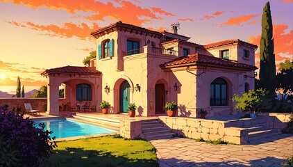 mediterranean house in sunset in landscape anime cartoon illustration from Generative AI - obrazy, fototapety, plakaty