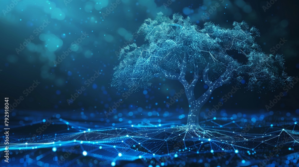 Poster Blue cyber polygon tree concept with futuristic element of network technology or big data